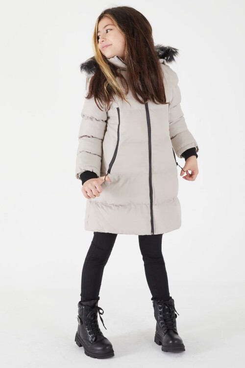 Kız Çocuk Şişme Mont Kürklü Bej 15503