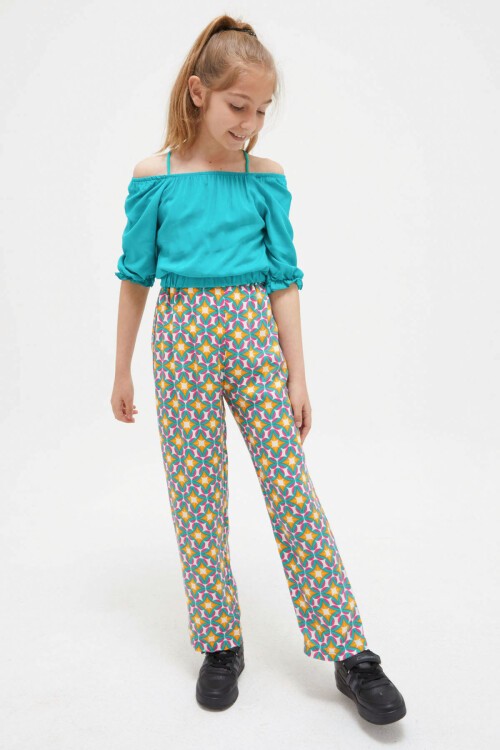 Koyu Yeşil Askılı Bluzlu Pantolonlu Kız Çocuk Takım 15411