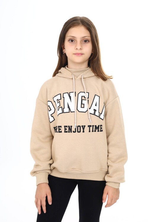 Krem Pengai Yazı Baskı Polarlı Kız Çocuk Sweatshirt 16462