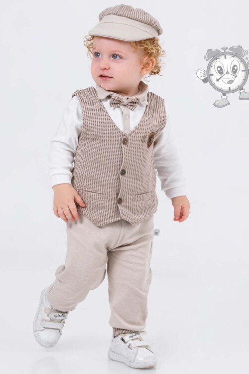 Krem Yelekli ve Şapkalı Erkek Bebek 4lü Takım 16189