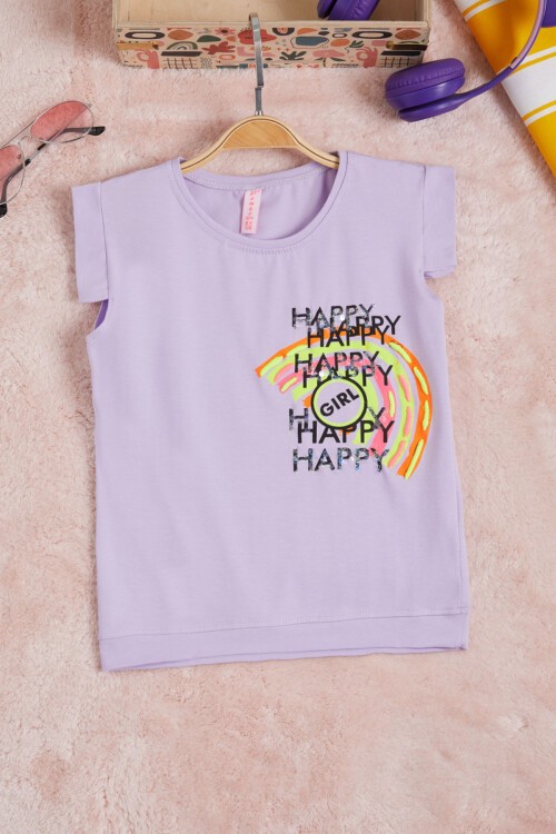 Lila Gökkuşağı Nakışlı Kız Çocuk Tişört 15569