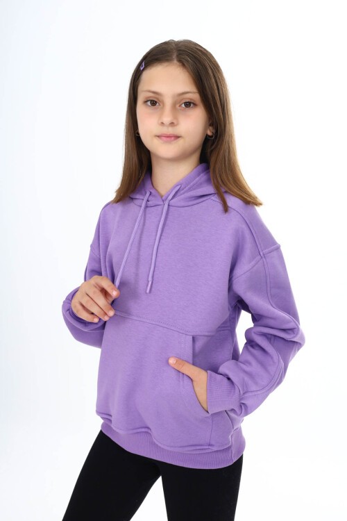 Lila Kapüşonlu Polarlı Kız Çocuk Sweatshirt 16499