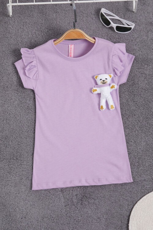 Lila Peluş Ayıcıklı Fırfırlı Kız Çocuk T-shirt 15536
