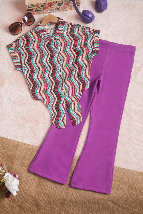 Mor Desenli Gömlekli İspanyol Paça Pantolon Kız Takım 15597