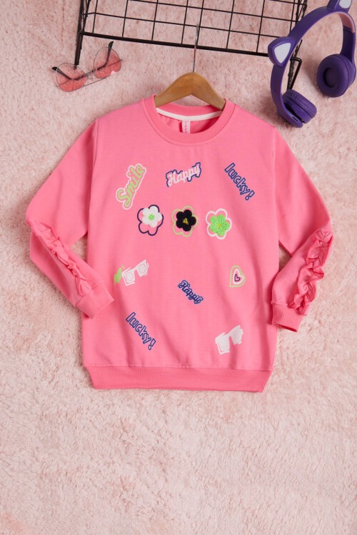 Pembe Çiçek Nakışlı Uzun Kol Kız Çocuk Sweatshirt 16305