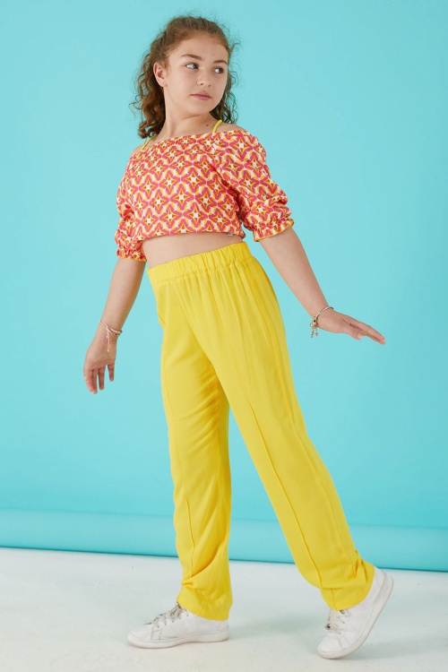 Sarı Desenli Bluz ve Pantolonlu Kız Takım 15649