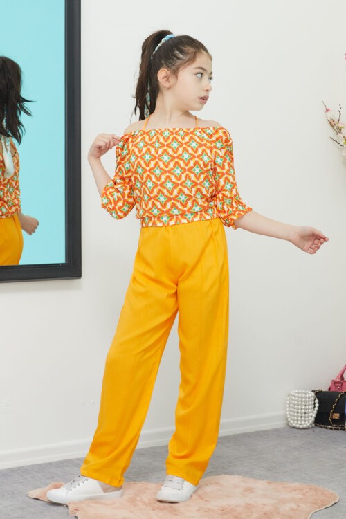 Turuncu Desenli Bluz ve Pantolonlu Kız Takım 15388