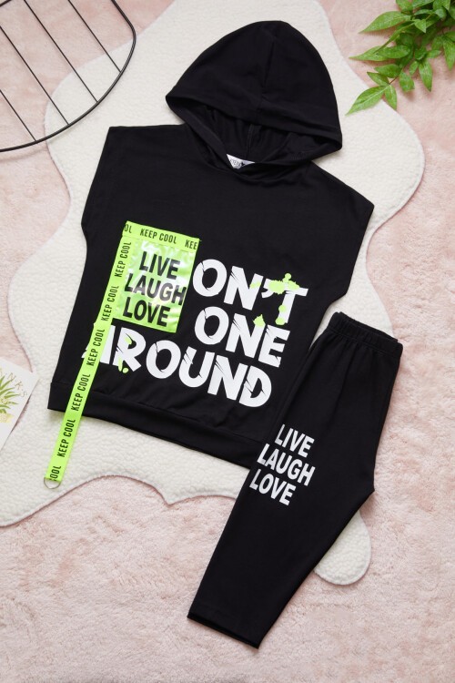 Yazı Baskılı Sıfır Kol Kapüşonlu Şortlu Kız Takım 15353