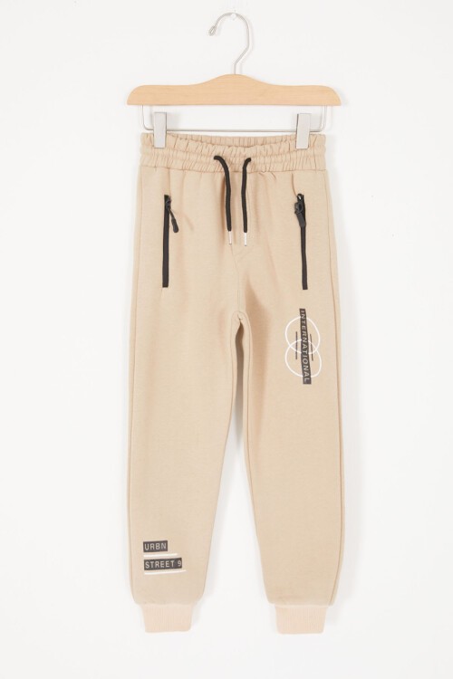 Bej Fermuarlı Cepli Yazı Baskılı Erkek Çocuk Şardonlu Eşofman Altı 17046