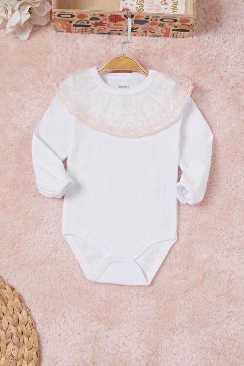 Beyaz Kız Bebek Dantel Yakalı Uzun Kol Çıtçıtlı Badi 16834