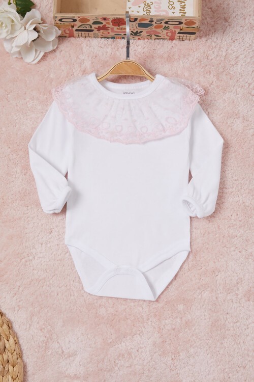 Beyaz Kız Bebek Dantel Yakalı Uzun Kol Çıtçıtlı Badi 16835