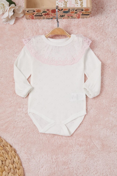 Ekru Kız Bebek Dantel Yakalı Uzun Kol Çıtçıtlı Badi 16841