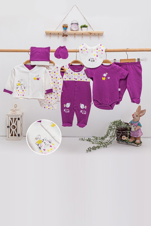 Fuşya Kuş Baskılı 8li Bebek Hastane Çıkışı Seti 16902
