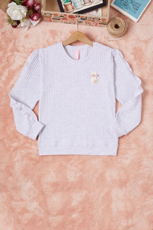 Gri Fırfırlı Kedi Nakışlı Kız Çocuk Badi 16579