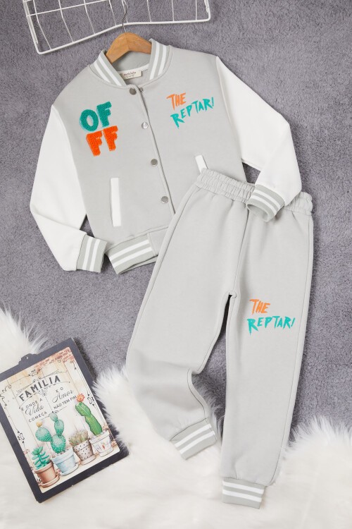 Gri Sırtı Baskılı Şardonlu Erkek Çocuk Kolej Eşofman Takımı 17098