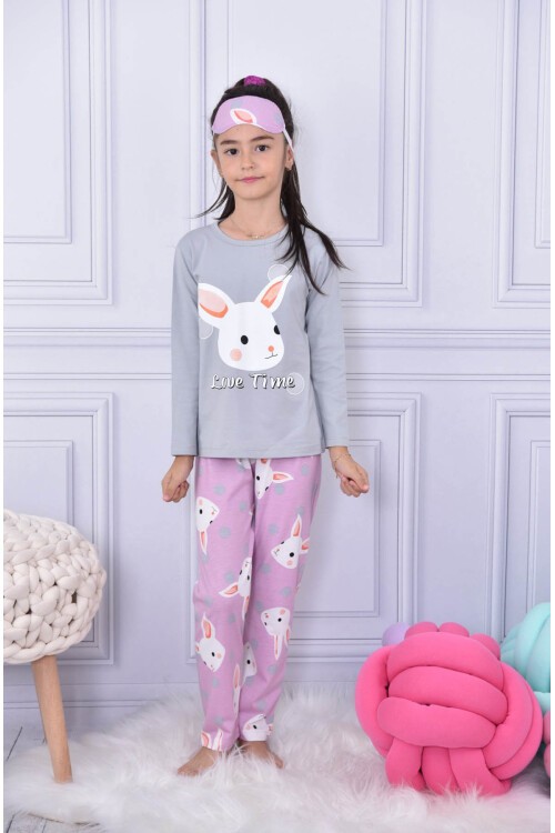 Gri Tavşanlı Puantiyeli Kız Çocuk Pijama Takımı 17028