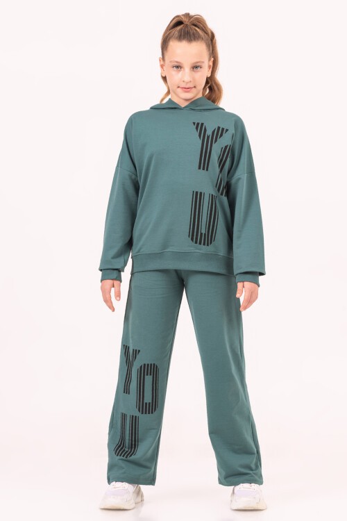 Kız Çocuk Yeşil Kapüşonlu Yazı Baskılı Takım 17186