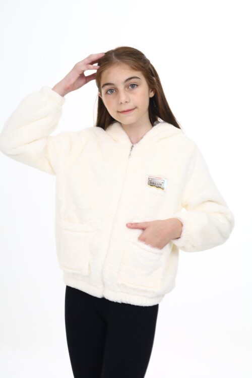 Krem Armalı Kapüşonlu Kız Peluş Mont 16775
