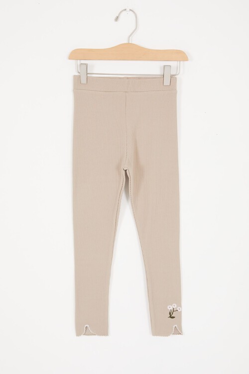 Krem Çiçek Nakışlı Fitilli Kız Çocuk Tayt 16992