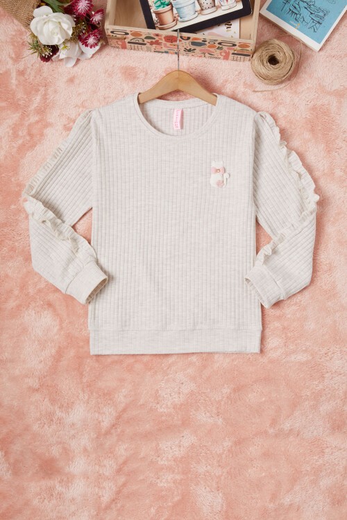 Krem Fırfırlı Kedi Nakışlı Kız Çocuk Badi 16578