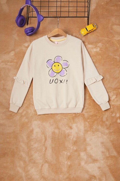 Krem Papatya Baskılı Kız Çocuk Sweatshirt 16614
