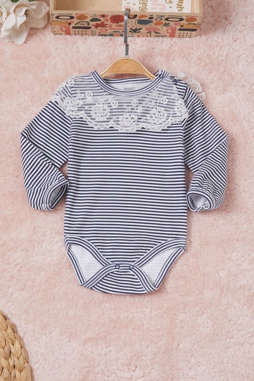 Lacivert Kız Bebek Dantel Yakalı Uzun Kol Çıtçıtlı Badi 16836