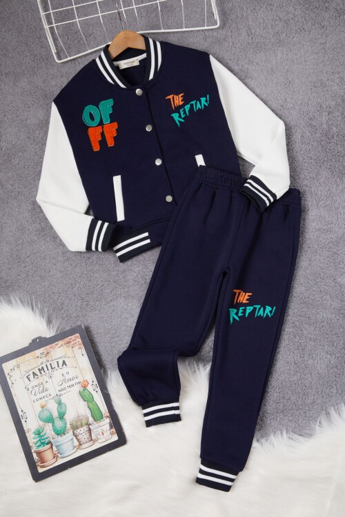 Lacivert Sırtı Baskılı Şardonlu Erkek Çocuk Kolej Eşofman Takımı 17100