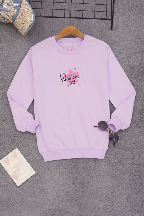 Lila Çiçek Nakışlı Kız Çocuk Kız Çocuk Sweatshirt 17194