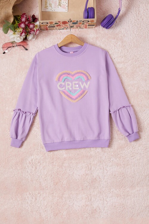 Lila Renkli Kalp Desenli Payetli Kız Çocuk Sweatshirt 16698