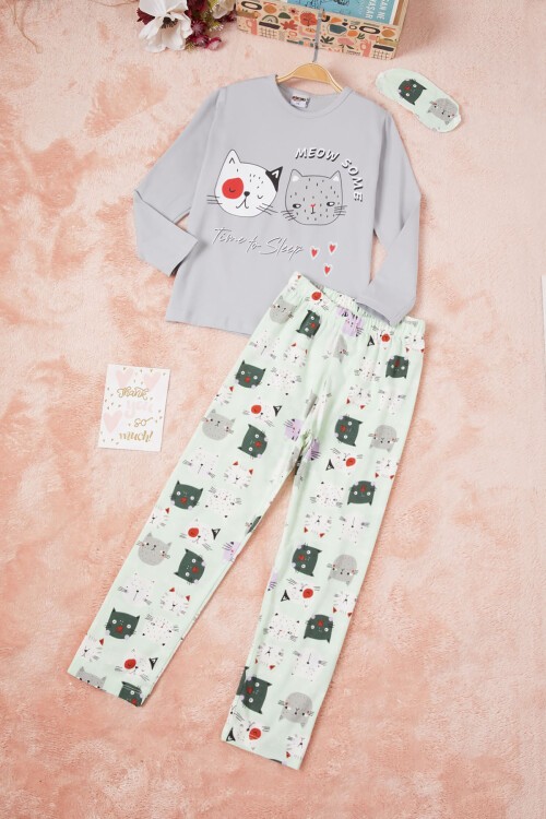 Meow Kedi Baskı Kız Çocuk Pijama Takımı 16333