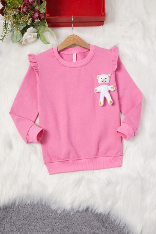 Pembe Ayıcıklı Kolları Volanlı Kız Çocuk Şardonlu Sweatshirt 16978