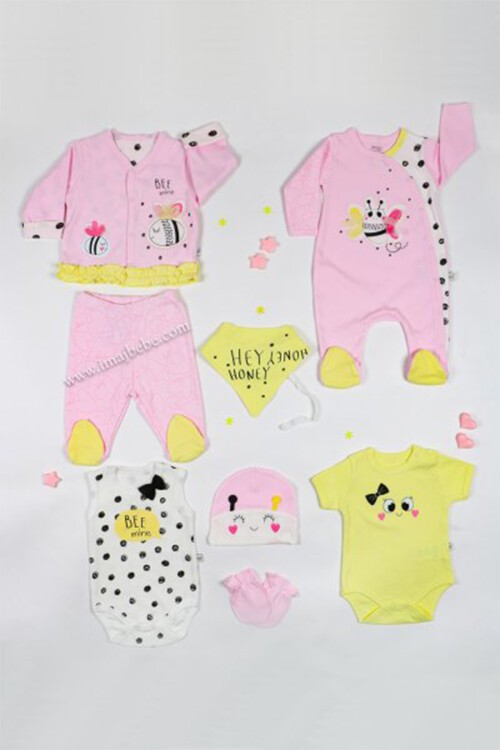 Pembe Bee Mine Yazı Baskılı 8li Bebek Hastane Çıkışı Seti 16917