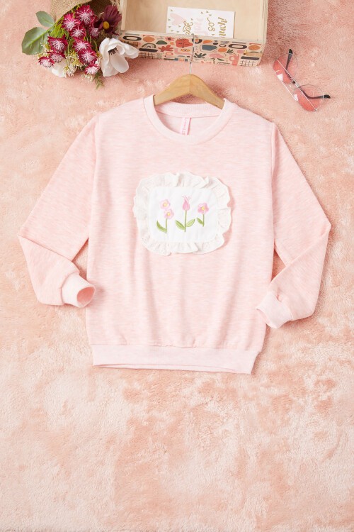 Pembe Dantelli Lale Nakışlı Kız Çocuk Sweatshirt 16769