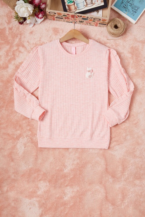 Pembe Fırfırlı Kedi Nakışlı Kız Çocuk Badi 16580