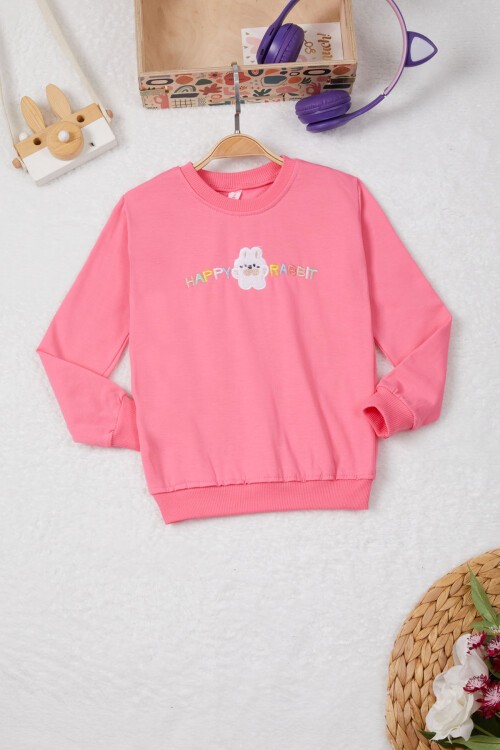 Pembe Tavşan Nakışlı Yazılı Kız Çocuk Sweatshirt 16943