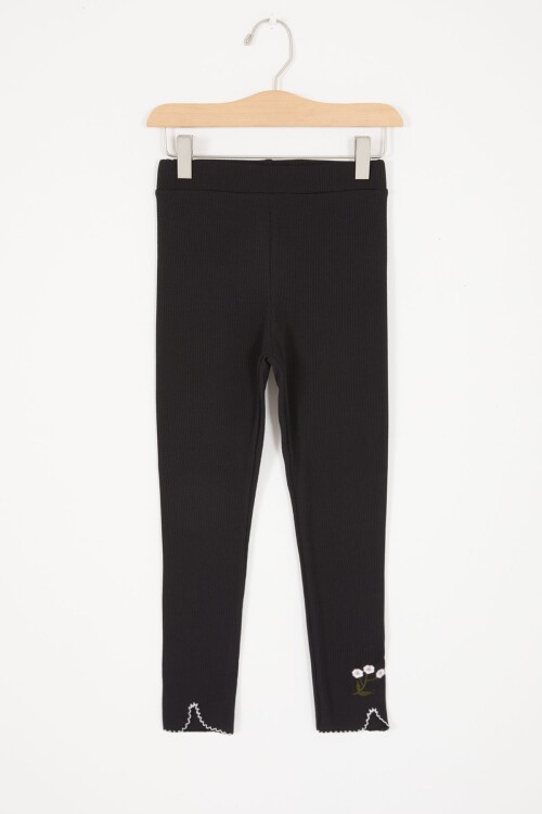 Siyah Çiçek Nakışlı Fitilli Kız Çocuk Tayt 16989