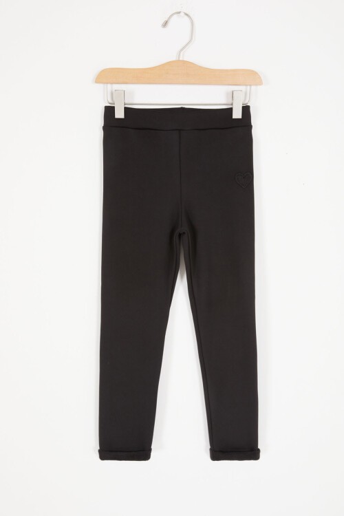 Siyah Kalp Nakışlı İçi Peluş Kız Çocuk Tayt 17090