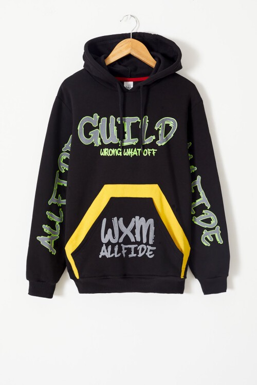 Siyah Yazı Baskılı Polarlı Erkek Çocuk Kapüşonlu Sweatshirt 16200