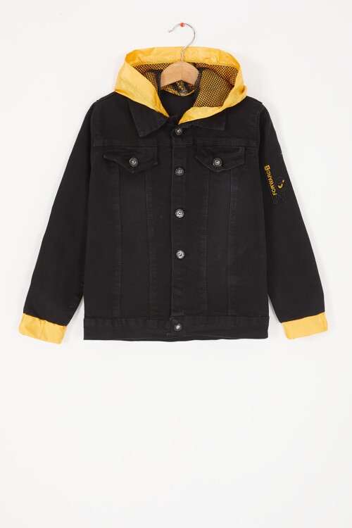 Siyah Yazı Nakışlı Kapüşonlu Erkek Çocuk Jean Ceket 16811