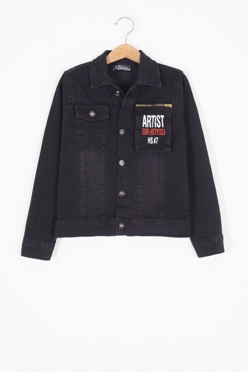 Siyah Yazılı Fermuar Cepli Erkek Çocuk Jean Ceket 17135
