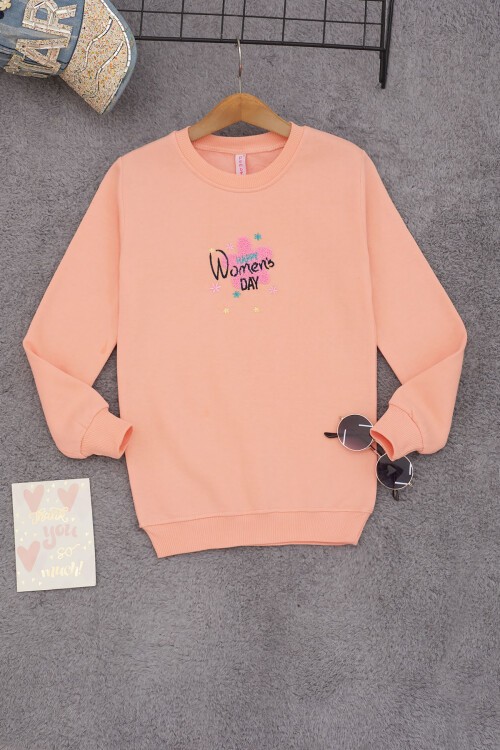 Somon Çiçek Nakışlı Kız Çocuk Kız Çocuk Sweatshirt 17195