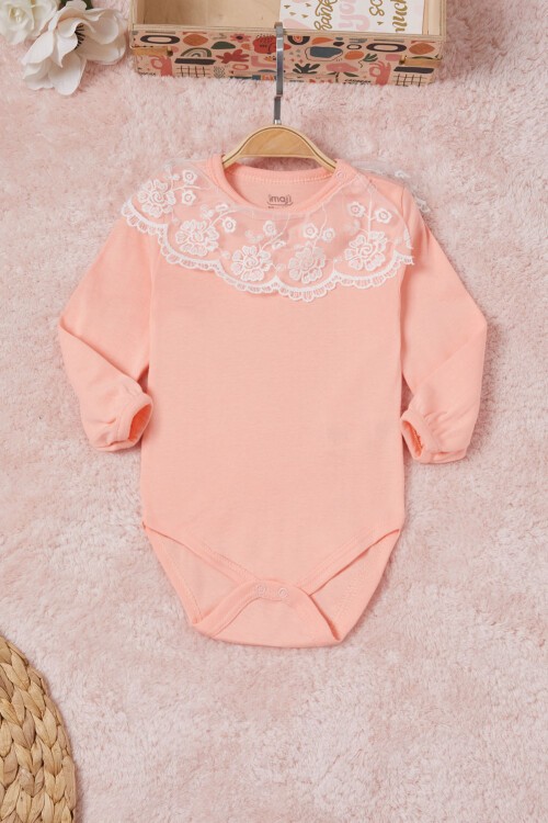 Somon Kız Bebek Dantel Yakalı Uzun Kol Çıtçıtlı Badi 16840