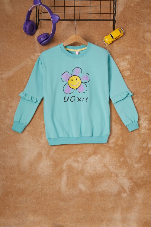 Yeşil Papatya Baskılı Kız Çocuk Sweatshirt 16610