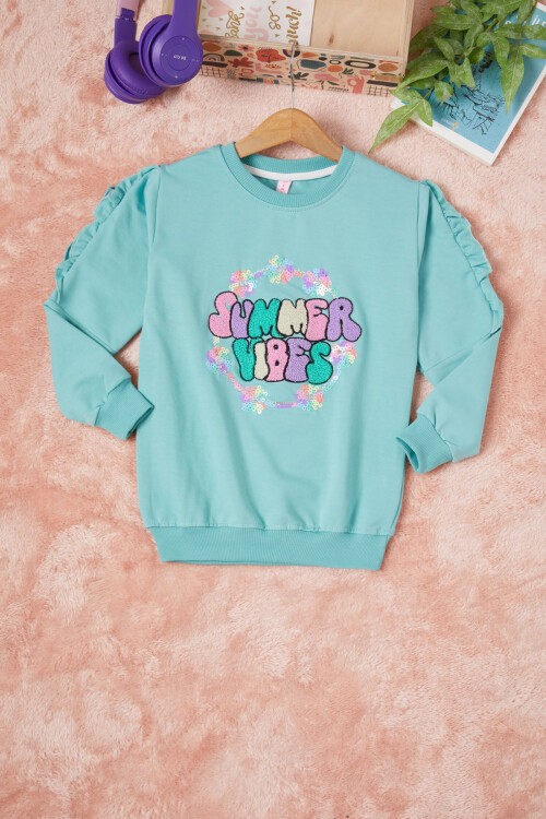 Yeşil Summer Yazı Nakışlı Kız Çocuk Sweatshirt 16585