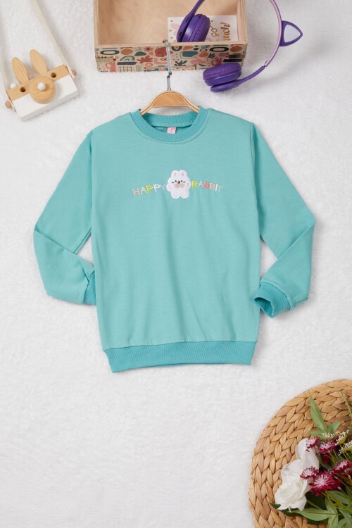 Yeşil Tavşan Nakışlı Yazılı Kız Çocuk Sweatshirt 16948