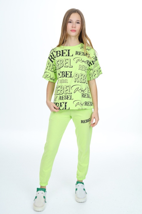 Açıkyeşil Rebel Yazı Baskılı Kız Çocuk Takım 17839