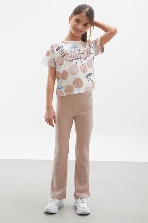 Bej Kiraz Baskılı İspanyol Paça Taytlı Kız Çocuk Takım 17993