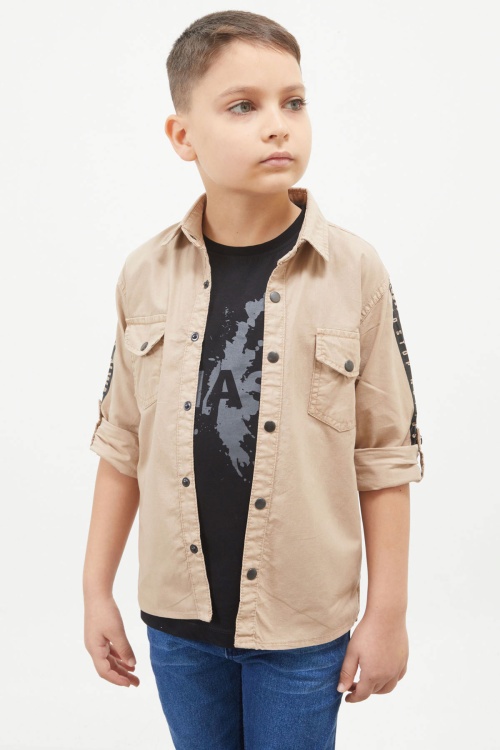 Bej Kolları Şerit Yazılı Jean Gömlekli Tişört Erkek Çocuk 2li Takım 17647