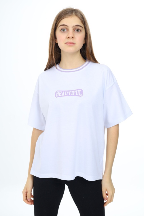 Beyaz Beautiful Yazılı Oversize Kız Tişört 17813