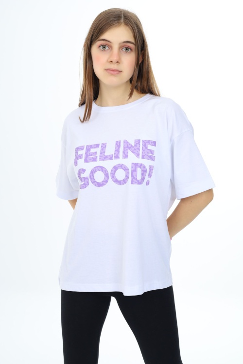 Beyaz Leopar Desenli Yazılı Bisiklet Yaka Kız T-shirt 17780
